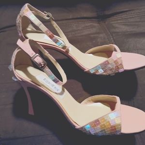 "Together"  pink sequin heels leather sole, size 7B
